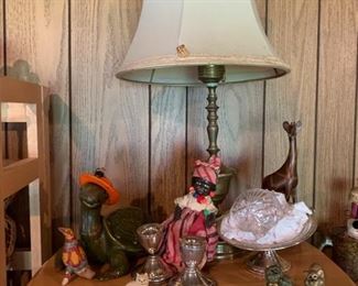 Sterling silver candle holders, vintage ceramic turtle, crystal glass bulb, wooden giraffe and vintage doll
