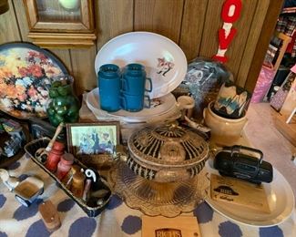 Salt and pepper shakers, carnival class pie plate, vintage tin serving platter, vintage plastic serving set new in box