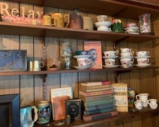 Vintage books, teacups, mugs, jugs and pottery