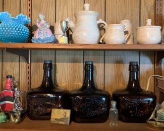 Pottery, depression glass, vintage wine jugs