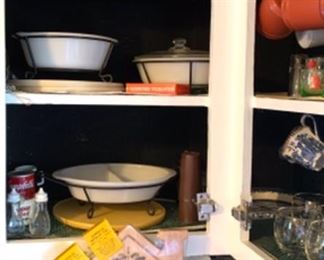 White Pyrex dishes with serving stands