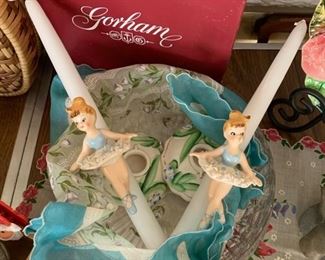 1958 Holt Howard Ballerina Candle Climber pair with bases in perfect condition, Gorham crystal bowl