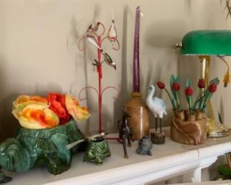 Vintage glass Christmas ornament birds, pottery, mid century turtle planters, green shade desk lamp