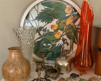 Vintage parakeet serving tray, pottery, vintage footed orange glass vase