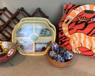 Retro cardboard cat carrier box, vintage patches, decor baskets and blue and white ceramic balls