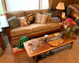 Mission style three seat couch, mid century Lane furniture dovetail surfboard coffee table
