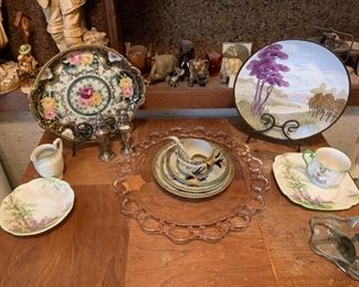 Pink depression glass scallop edged serving platter, gorgeous hand painted plates, vintage elephant figurines