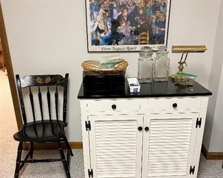 Louvered door cabinet. Painted chair. Renoir print. 2 vintage candy /apothecary jars.