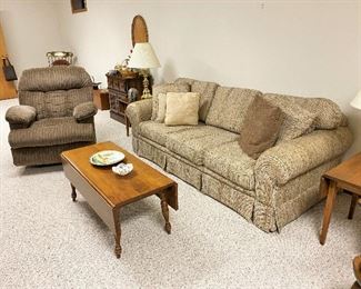 Older sofa. Maple drop-leaf coffee table. Like-new recliner.