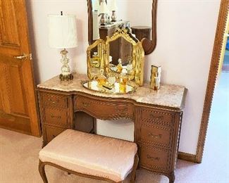 Drexel Vanity with marble top, mirror and stool