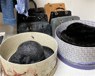 Fine leather handbags. Hats include one black mink.