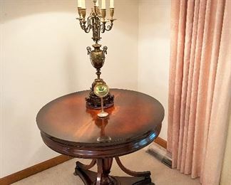 Widdicomb mahogany lamp table. Large vintage French candelabra lamp.