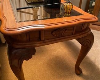 Master Home Furniture Co. Carved Wood w/Beveled Glass Insert End Table x 2 - $40 each - 22" Wide x 26" Deep x 20" High