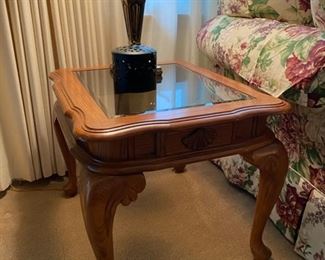 Master Home Furniture Co. Carved Wood w/Beveled Glass Insert End Table x 2 - $40 each - 22" Wide x 26" Deep x 20" High