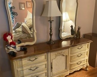 Vintage Stanley Furniture French Provincial Canary Yellow Double Mirror 9-Draw Dresser - $360 - 73" Long x 20" Deep x 33" High + 46" Mirror