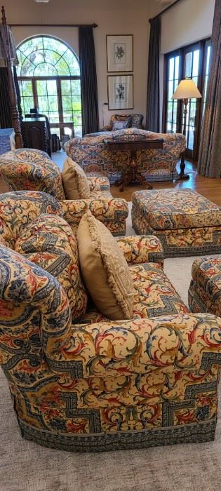 2 over-sized club chairs with matching ottomans. Custom.