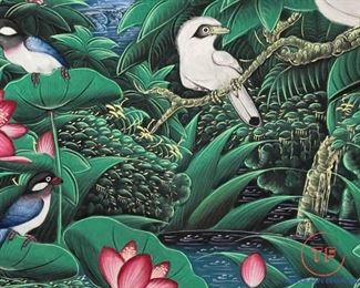 BALI Traditional Painting on Canvas - Starlings in Rainforest: