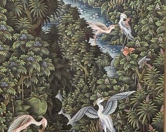 BALI Traditional Painting on Canvas - Cranes in Rainforest