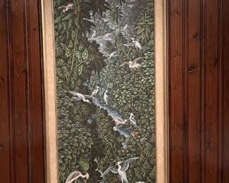 BALI Traditional Painting on Canvas - Cranes in Rainforest