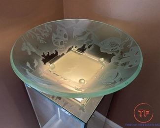 Large Art Glass Pedestal Bowl with Acid Etched Fish/Sea Life