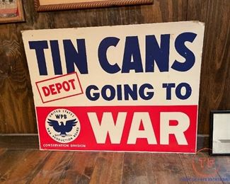 Original WWII Tin Can Drive War Effort Cardboard Poster