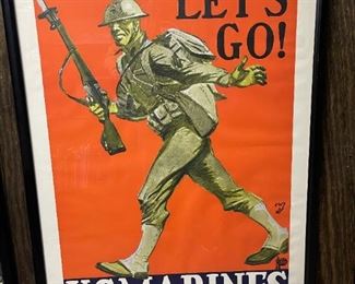 Original " LET'S GO " U. S. MARINE 1942 WWII  - Minneapolis, Minn. Recruiting Framed Poster