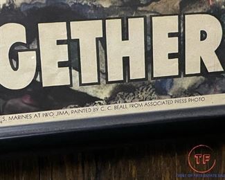 Original WWII 1945 "Now All Together" Iwo Jima Flag Raising 7th War Loan Framed Poster