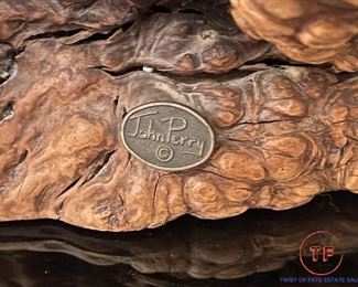 JOHN PERRY Alabaster 3 Sharks Sculpture on Burl Wood Base