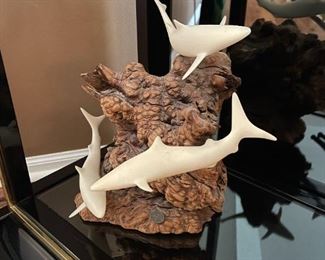 JOHN PERRY Alabaster 3 Sharks Sculpture on Burl Wood Base