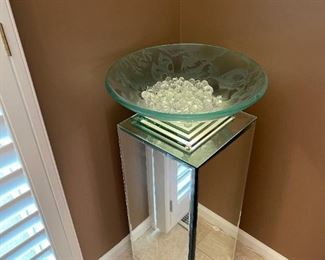 Large Art Glass Pedestal Bowl with Acid Etched Fish/Sea Life