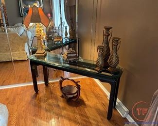 Chinoiserie Glass Top Console Table
