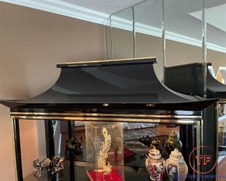 Century Large Chinoiserie Black Lacquer and Brass Pagoda-Top Etagere