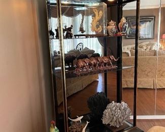 Century Large Chinoiserie Black Lacquer and Brass Pagoda-Top Etagere