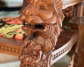 6' Monumental Mahogany Lion Carved Throne / King Arm Chair