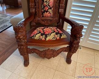 6' Monumental Mahogany Lion Carved Throne / King Arm Chair