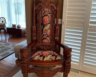 6' Monumental Mahogany Lion Carved Throne / King Arm Chair