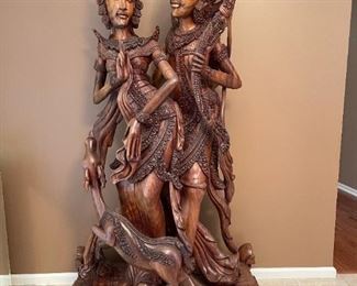 Life Size 6'6" Hand Carved Indonesia Rama and Sita Wood Statue 