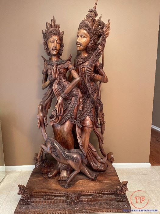 Life Size 6'6" Hand Carved Indonesia Rama and Sita Wood Statue