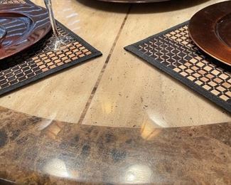 Custom Round Marble Table with Geometrical Wood Base and Custom Upholstered Chairs