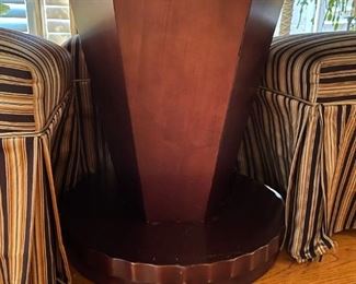 Custom Round Marble Table with Geometrical Wood Base and Custom Upholstered Chairs