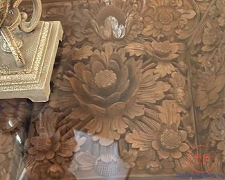 Pair of Indonesian Heavily Carved Wood Lamp Tables with Lotus Motif
