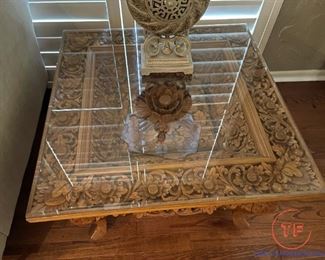 Pair of Indonesian Heavily Carved Wood Lamp Tables with Lotus Motif