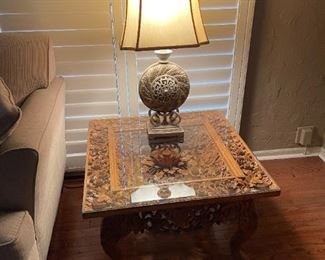 Pair of Indonesian Heavily Carved Wood Lamp Tables with Lotus Motif