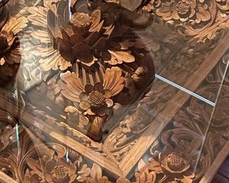 Pair of Indonesian Heavily Carved Wood Lamp Tables with Lotus Motif