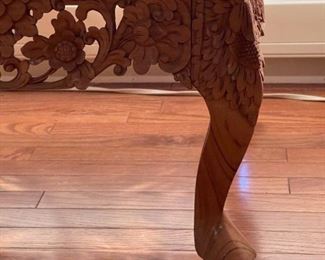 Pair of Indonesian Heavily Carved Wood Lamp Tables with Lotus Motif