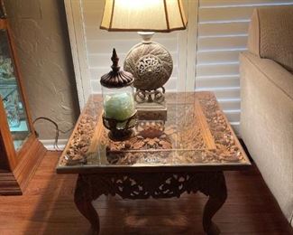 Pair of Indonesian Heavily Carved Wood Lamp Tables with Lotus Motif