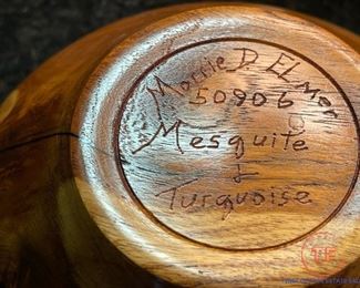 Signed MORRIE ELMER Turned Mesquite Wood and Turquoise Bowl