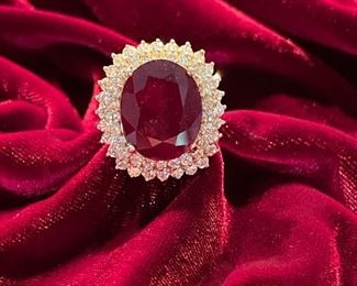 Large Natural Ruby and Diamond Cocktail Ring in 14KT Gold Setting