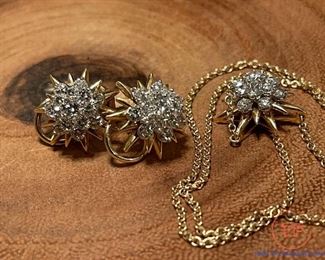 Custom Diamond Cluster Set in 18KT Gold Earrings and Necklace Set