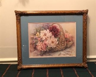 Lena Liu Print -   Matted with Pink & Burgundy Flowers in a basket 
22 1/4 “ w  X  18 1/4 “ h
